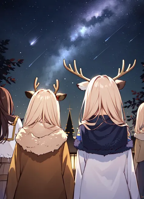 ((best quality)), ((highly detailed)), absurdres, detailed face, beautiful face, (detailed eyes, deep eyes), (1girl), <lora:back_view-v1:.8>, back view, from behind, upper body, -((deer girl)), deer ears, deer tail, <lora:deerantlers-12:1>, dearantlers, large deer antlers, fur coat, (outdoors, in a village, (4girls), (((multiple girls))), evening, night sky, stars, blue moon, shooting star)