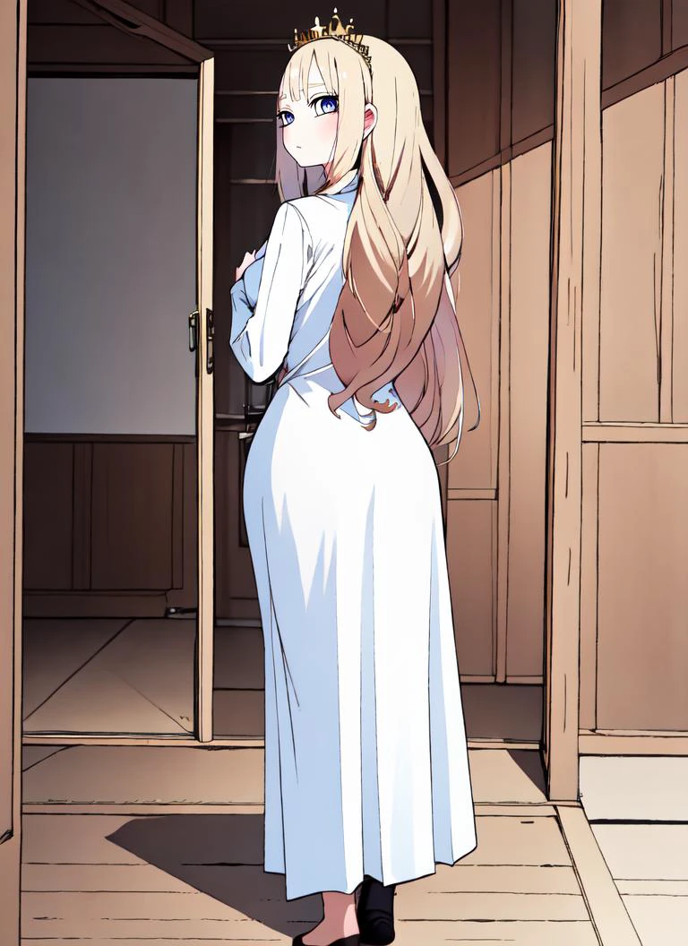 ((best quality)), ((highly detailed)), absurdres, extremely detailed face, beautiful face, (detailed eyes, deep eyes), (1girl), <lora:back_view-v1:.7>, back view, from behind, dynamic pose, full body, princess, ((very long hair)), <lora:big_hair-1.0:1>, big hair, curly hair, light brown hair, large dress, (maxi dress), <lora:EraseGroinSkirt:1>, crown, (inside, in a gymnasium), <lora:abe_tomomi:.8>, abtm