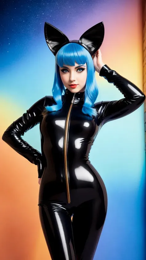 fox girl wearing a black latex goth catsuit, fox ears, blue hair, perfect proportions, 2 third rule, 8k, amazing, detailed, reality, hdr, detailed skin, watercolor