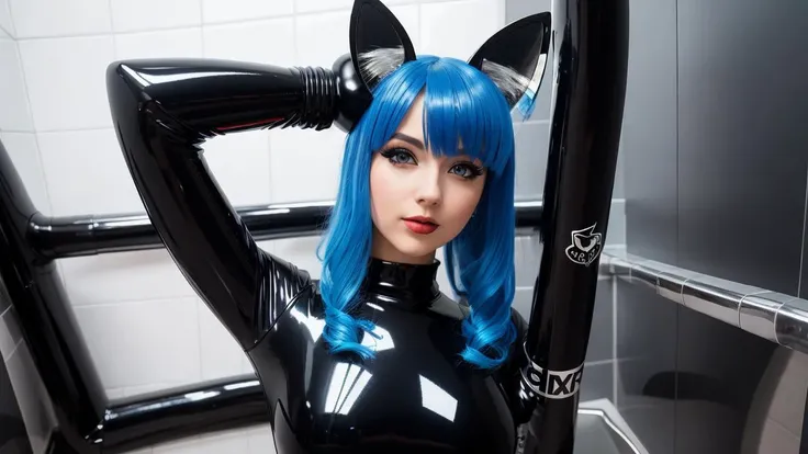 fox girl wearing a black latex goth catsuit, fox ears, blue hair, perfect proportions, 2 third rule, 8k, amazing, detailed, reality, hdr, detailed skin, pov from the ground, reflections on the latex, shiny, glossy, transparent latex catsuit, under the shower, photographed mid-shot