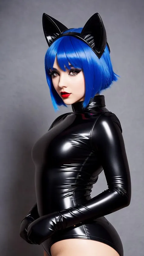 fox girl wearing a black latex goth catsuit, fox ears, blue hair, perfect proportions, 2 third rule, 8k, amazing, detailed, reality, hdr, photography