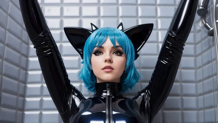 fox girl wearing a black latex goth catsuit, fox ears, blue hair, perfect proportions, 2 third rule, 8k, amazing, detailed, reality, hdr, detailed skin, pov from the ground, reflections on the latex, shiny, glossy, transparent latex catsuit, under the shower, photographed in the shower