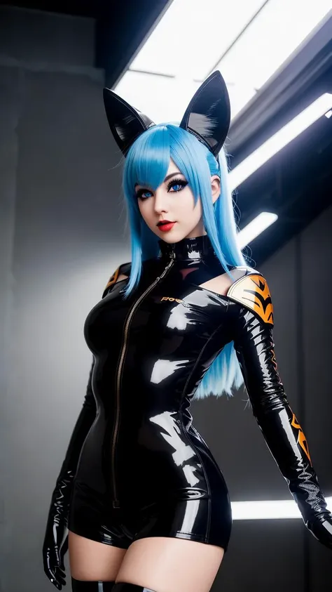 fox girl wearing a black latex goth catsuit, fox ears, blue hair, perfect proportions, 2 third rule, 8k, amazing, detailed, reality, hdr, detailed skin, lens flare