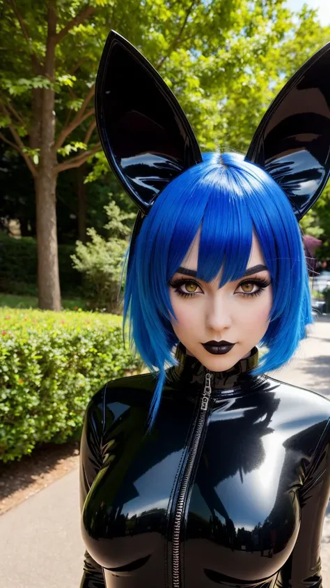 fox girl wearing a black latex goth catsuit, fox ears, blue hair, perfect proportions, 2 third rule, 8k, amazing, detailed, reality, hdr, detailed skin, lens flare, bokeh