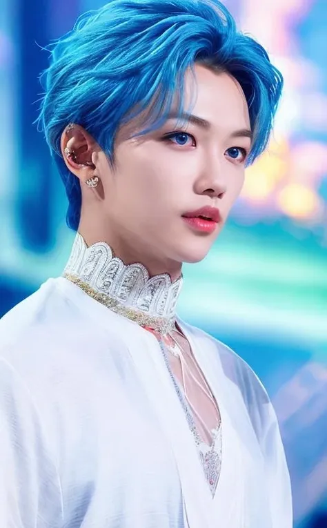 <lora:Felix_V3_9760:0.8>
masterpiece,best quality,real,upper body portrait,masterpiece,Felix_\(Stray Kids\),stage:1.8,stage makeup, stage lighting,bridal veil:1.8,wedding gown:1.2,lace trim,(white skin,male figure:1), (close-up photo:1.2),1boy,fair complexion,broad shoulders:1.5,(blue hair, :1.2),(reckle), freckle,shy,