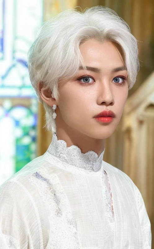 <lora:Felix_V3_9760:0.8>
masterpiece,best quality,real,upper body portrait,masterpiece,Felix_\(Stray Kids\),church, cathedral:1.8,stage makeup,bridal veil:1.8,wedding gown:1.2,lace trim,crepuscular rays,(white skin,male figure:1), (close-up photo:1.2),1boy,fair complexion,broad shoulders:1.5,(white hair:1.2),(reckle), freckle,shy,diamond on face,depth of field
