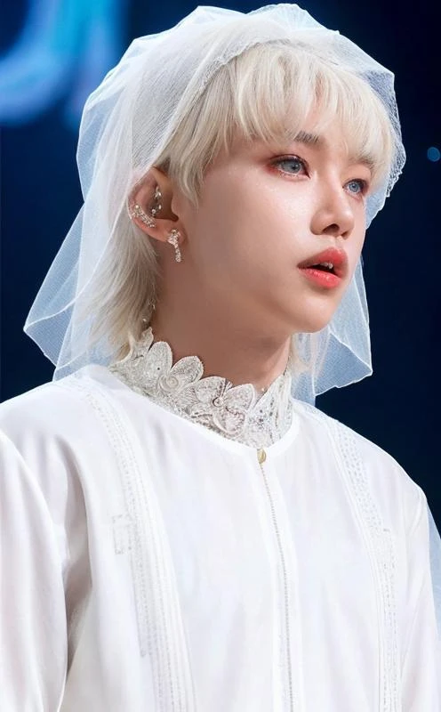 <lora:Felix_V3_9760:0.8>
masterpiece,best quality,real,upper body portrait,masterpiece,Felix_\(Stray Kids\),stage:1.8,stage makeup, stage lighting,bridal veil:1.8,wedding gown:1.2,lace trim,(white skin,male figure:1), (close-up photo:1.2),1boy,fair complexion,broad shoulders:1.5,(white hair:1.2,bangs),(reckle), freckle,shy,diamond on face