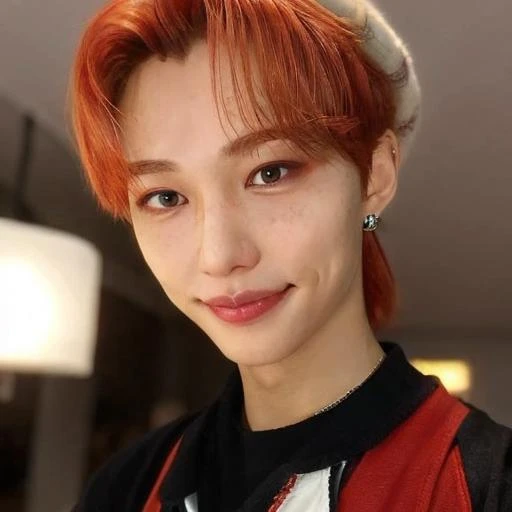 <lora:Felix_V2_13800:0.8>
masterpiece,best quality,real,masterpiece,Felix_\(Stray Kids\),1boy,(red hair,streaked hair:0.8),neon lamp,smile,(blunt bangs,hair between eyes:0.6,freckle)