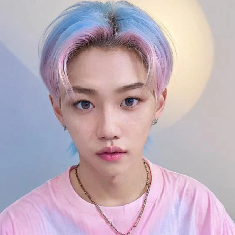 <lora:Felix_V2_13800:0.8>
masterpiece,best quality,real,upper body portrait,masterpiece,Felix_\(Stray Kids\),stage:1.8,neon lamp:2,(white skin,lean body,male figure:1), (close-up photo:1.1),1boy,fair complexion,broad shoulders:1.5,(pink gradient blue hair:1.2),(blunt bangs,freckle)