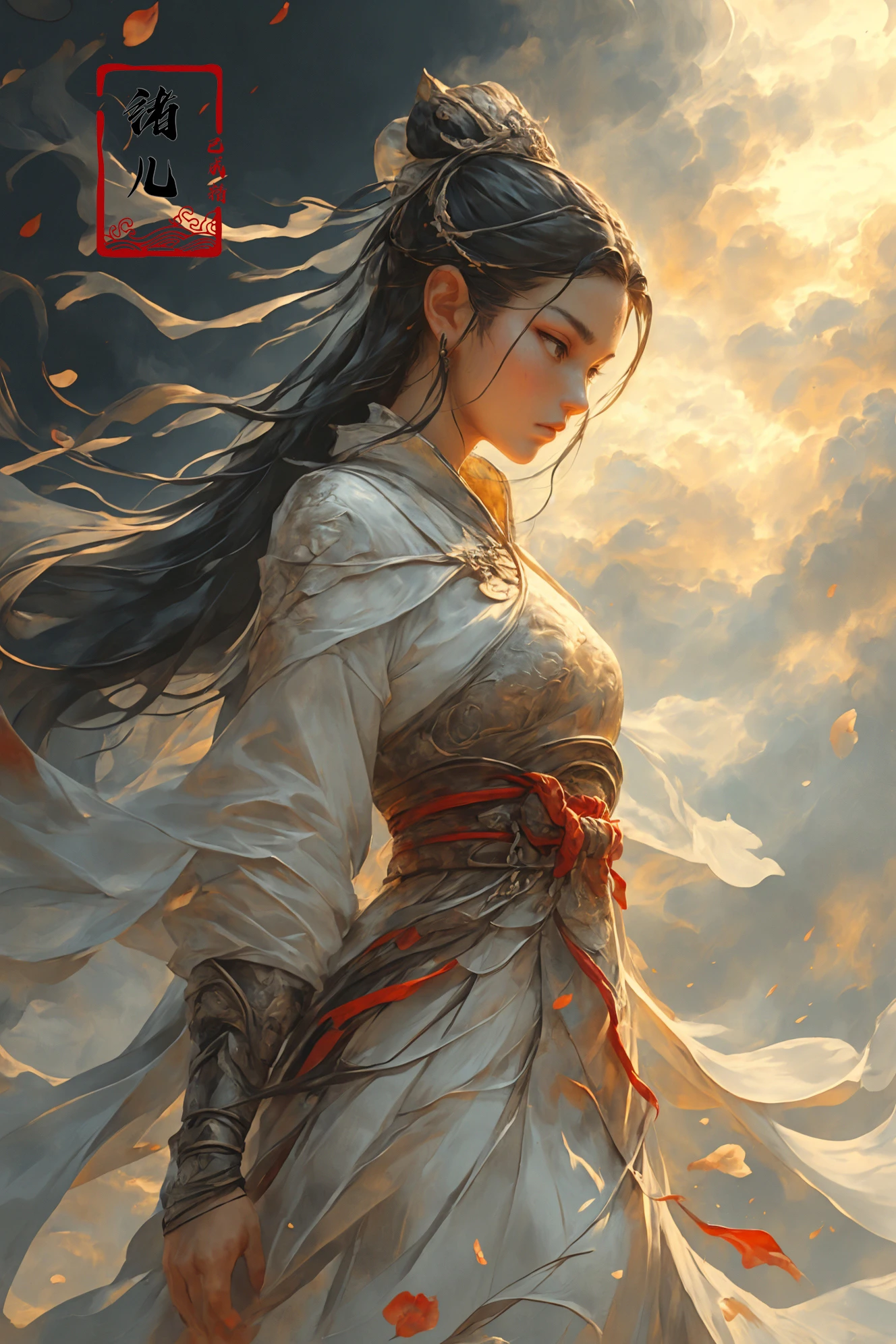 ((masterpiece)),(highres), original, (extremely detailed 8K wallpaper), (beautiful and clear background:1.4), (depth of field:0.5),award winning,(Surrealism:1.5), lens flare,shade, backlighting, depth of field, natural lighting,   hard focus, film grain, photographed with a Sony a9 II Mirrorless Camera, by Laurence Demais,  Dynamic Angle, Perspective, High Point,pov
1woman, xuer Ancient Chinese armor,  shoulder armorholding weapon, Chinese sword(full body:1.1), A mature facesideways glance, (cold attitude,eyeshadow,eyeliner:1.1),(red lips:1.3),watery eyes,   (Milky skin:1.2), (shiny skin:1.4)(long legs:1.3),  (upper body:1.5)
A shot with tension(sky glows blue,Visual impact,giving the poster a dynamic and visually striking appearance:1.2),Chinese Zen style,impactful picture,
<lora:~Q?-N-Vu2 xuer Ancient Chinese armor:0.8>