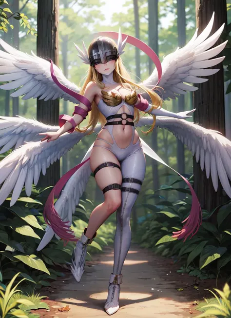((best quality)), ((highly detailed)), absurdres, (detailed eyes, deep eyes), (1girl), dynamic pose, full body, <lora:hairdetailer:.6>, <lora:Digimon_Angewomon-DEF:.7>, Angewomon, blonde hair, long hair, feathered wings, ((extra wings)), large wings, winged helmet, shawl, medium breasts, asymmetrical clothes, thigh strap, ribbon, (outside, at a pine_tree forest, midday)