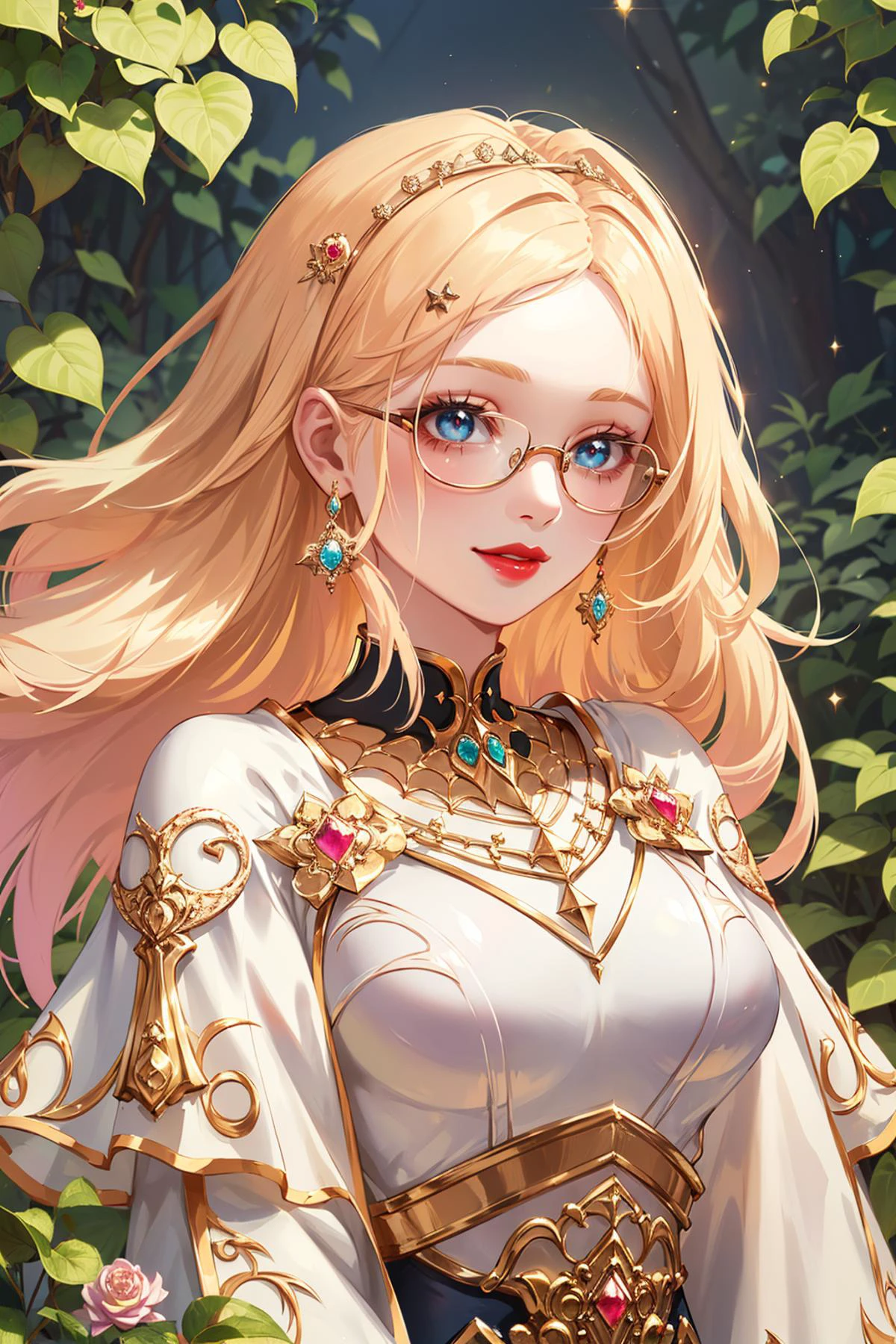 (masterpiece:1.5), (((top quality, best quality, high quality))), ((intricately detailed, ultra-detailed, insanely detailed)), highres, 32K, extremely detailed unity CG 8K wallpaper, (beautiful and aesthetic:1.2),, (depth of field:1.3), (immaculate:1.3), (detailed delicate depiction:1.5),
((brilliant full lighting, luscious colors)),  (close-up portrait),
(upper body:1.6),
(1girl:1.5), (voluptuous:1.5),
beautiful gorgeous face, [(detailed face:1.2):0.2], bright big eyes, pureerosface_v1, (glossy lips:1.4), (full lips:1.4), (smile:1.2),
 perfect feminine body, bright glistening skin, realistic skin, skin pores, glasses,
<lora:lux_v1:0.7>,lux1, armor, breastplate, bodysuit, white gloves, boobplate, (long sleeves), (fabrication glitters:1.5), (luxury intricate clothing jewelries:1.4), (clothing sparkles:1.4), (sparkling particles:1.3), (((low seam))), necklace, hairclip,  hair ornaments, earrings,  armlets,
(standing alone in an outdoor magical garden decorated with jewelries and gemstones and colorful exotic flowers and bushes:1.5), (outside a grand ancient palace:1.5),