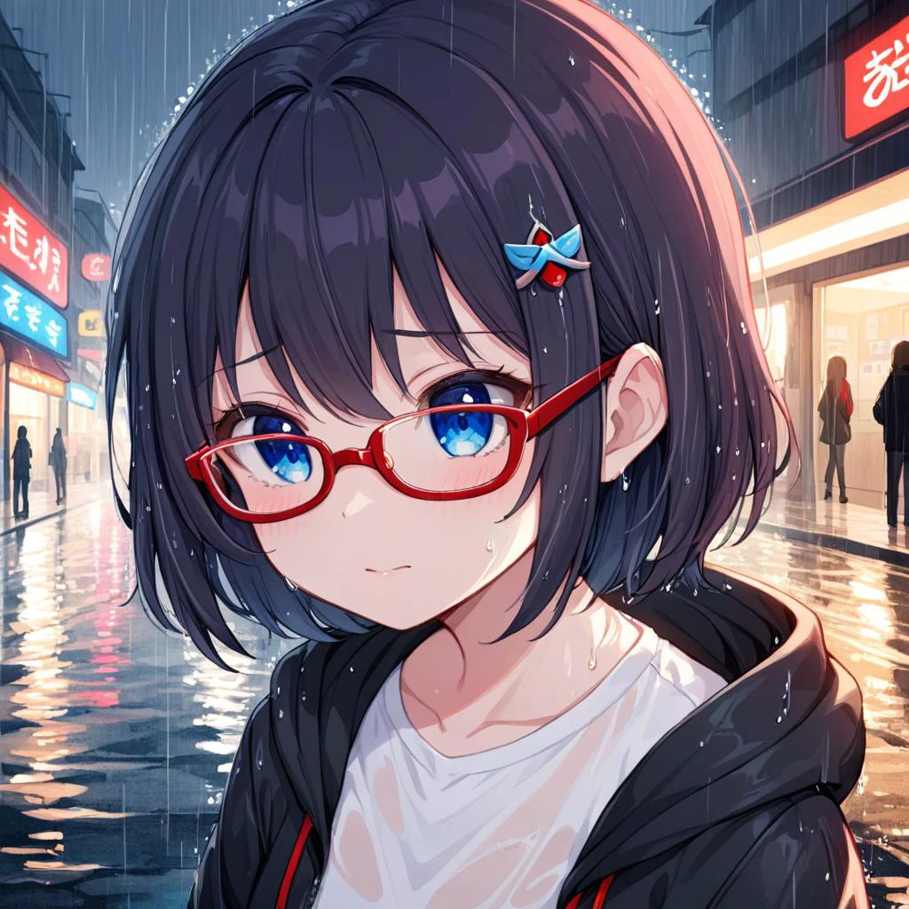 1girl, solo, glasses, short shilver hair, blue eyes, white shirt, black hooded jacket , hair ornament, rain, street, water reflection, cry, red-framed eyewear,