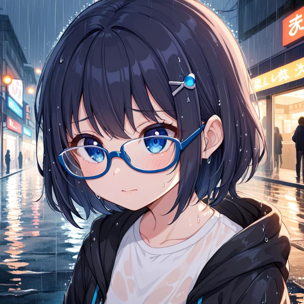 1girl, solo, glasses, short shilver hair, blue eyes, white shirt, black hooded jacket , hair ornament, rain, street, water reflection, cry, blue-framed eyewear,