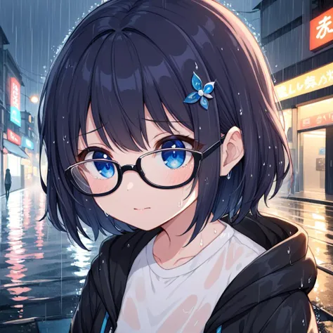 1girl, solo, glasses, short shilver hair, blue eyes, white shirt, black hooded jacket , hair ornament, rain, street, water reflection, cry,