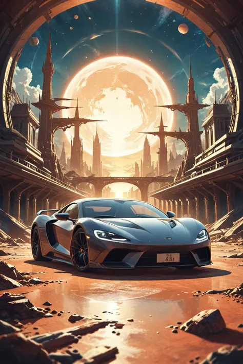 a sports car and nootropic stimulant in a planets in the background in the style of lost edges, architecture award winning, <lora:sdxl_lightning_8step_lora.safetensors:1.0>, <lora:add detail xl.safetensors:1.5>