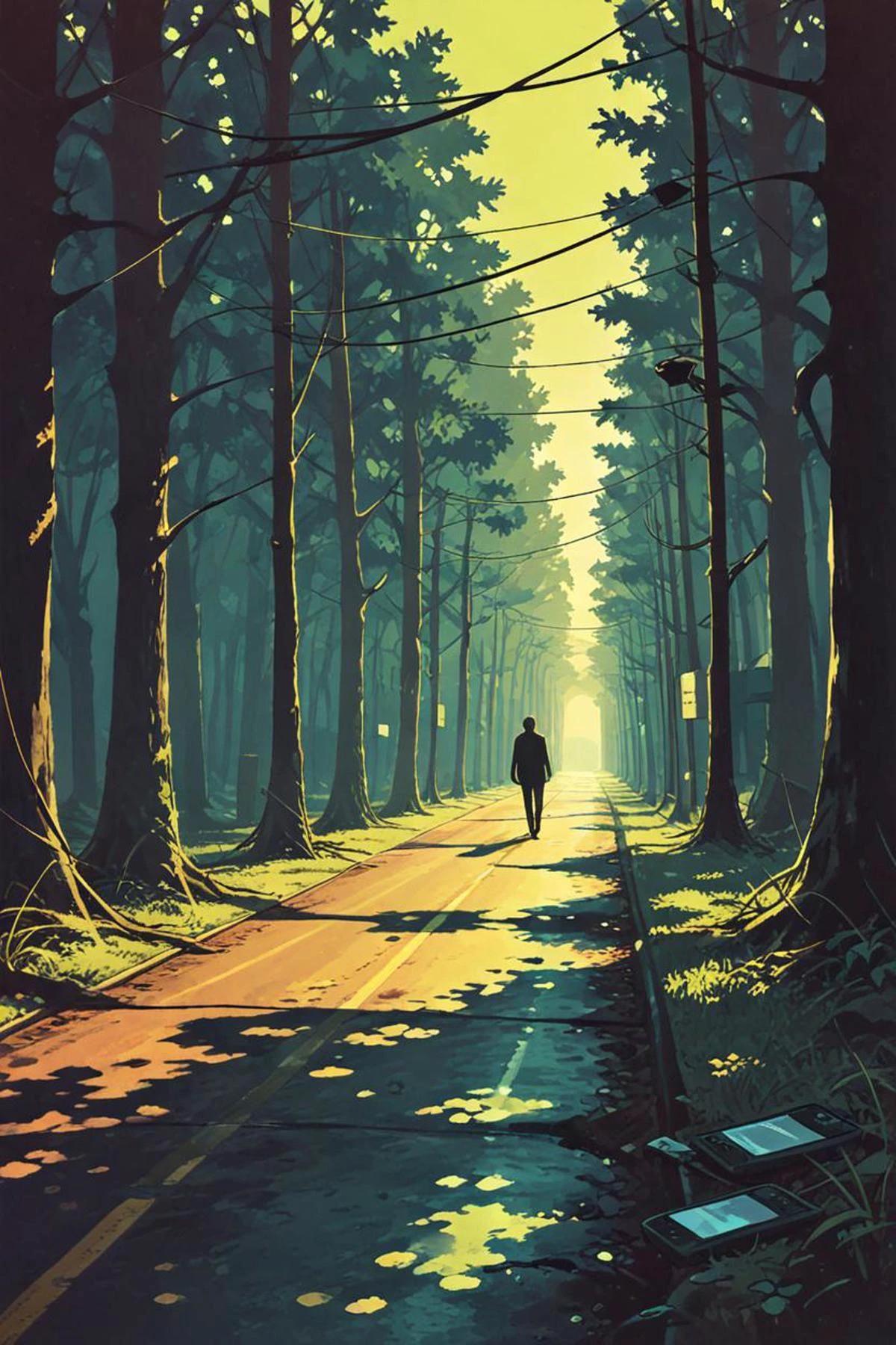 a glossy magazine cover and electrical wires in a digital forest in the style of !!!edward hopper!!! surrealism, good colors, <lora:sdxl_lightning_8step_lora.safetensors:1.0>, <lora:add detail xl.safetensors:1.5>
