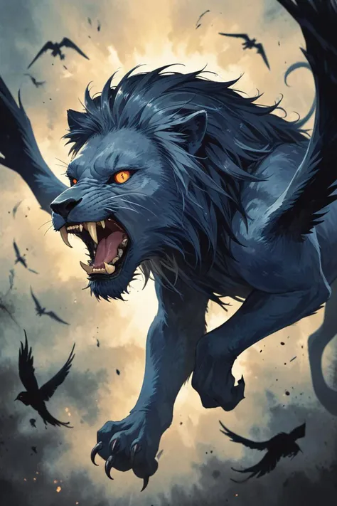 a roaring blue lion. majestic and teeth in a black crows flying in the style of watercolor technique, scary picture in color, <lora:sdxl_lightning_8step_lora.safetensors:1.0>, <lora:add detail xl.safetensors:1.5>