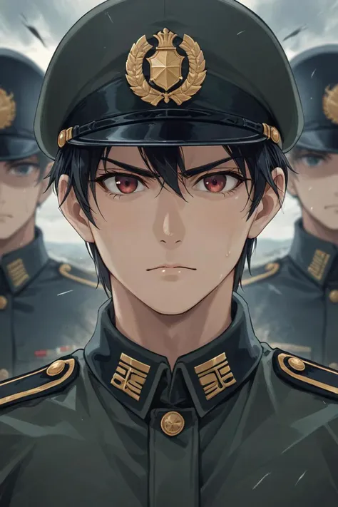 a army uniform and close up on face in a cavalry charge in the style of perfect symmetrical, gloomy skies, <lora:sdxl_lightning_8step_lora.safetensors:1.0>, <lora:add detail xl.safetensors:1.5>