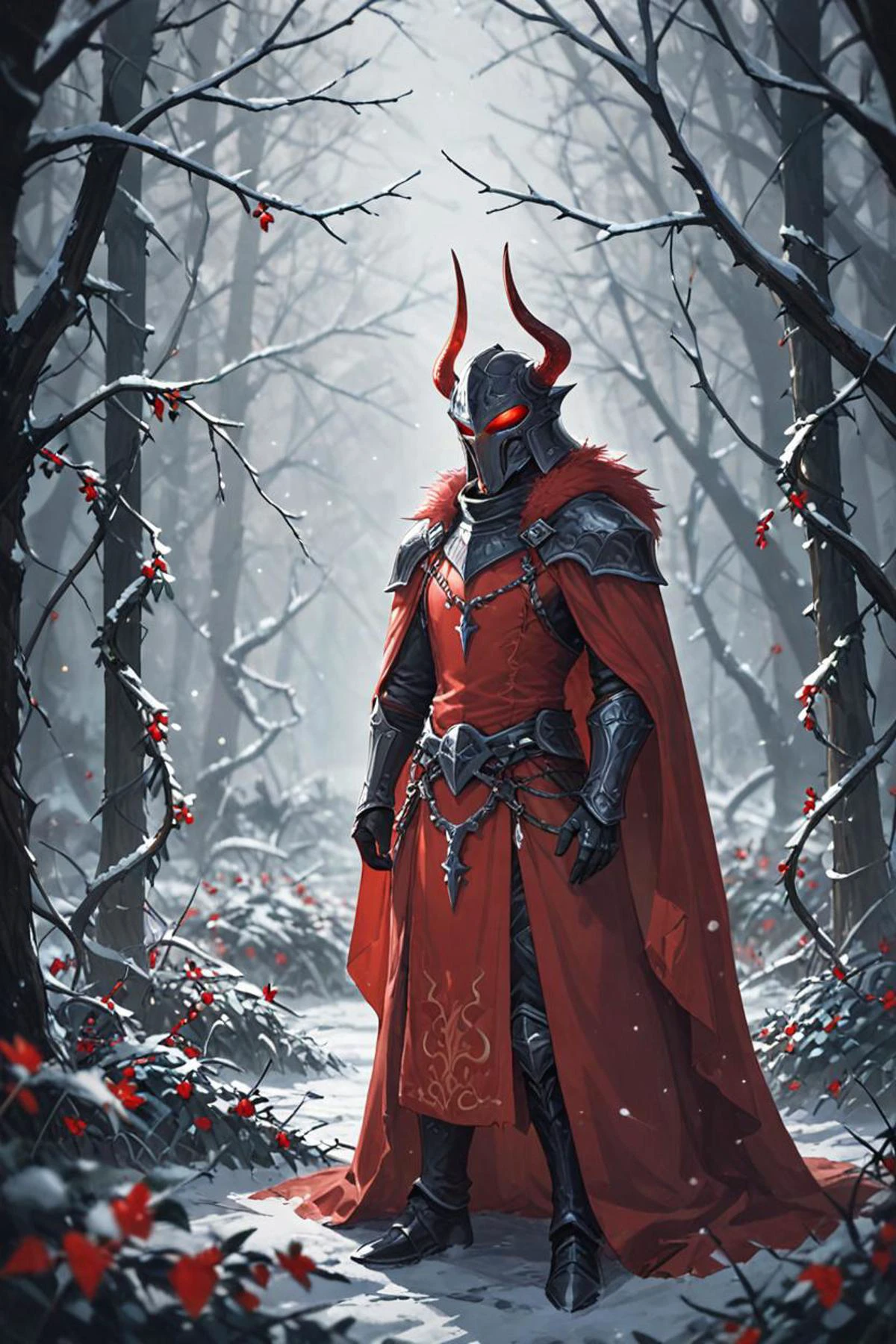 a in a horned helmet and wearing red clothes in a vines everywhere in the style of dark fantasy art, very light snow, <lora:sdxl_lightning_8step_lora.safetensors:1.0>, <lora:add detail xl.safetensors:1.5>