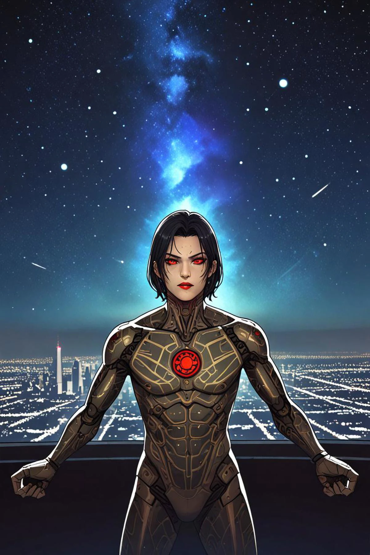 a both have red lips and cyborg in a cosmic starry sky in the style of style of gta v, (extremely detailed, <lora:sdxl_lightning_8step_lora.safetensors:1.0>, <lora:add detail xl.safetensors:1.5>
