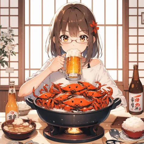 glasses 1girl, beer, kotatsu, crab, hotpot,