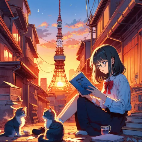 glasses 1girl, reading a book, sunset, cat, tokyo tower,