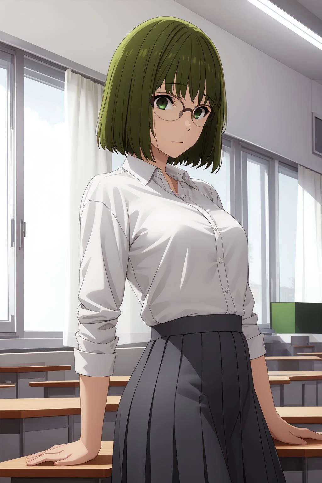 (((masterpiece,best quality))),
indoors, classroom,
white shirt, pleated skirt,
KounoS, glasses, short hair, <lora:Kouno_Sakura-04:1>