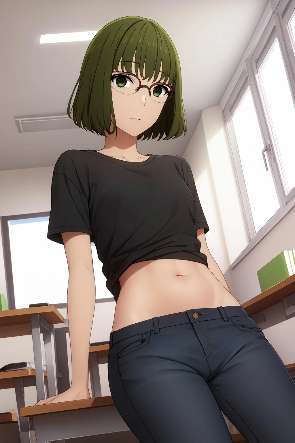(((masterpiece,best quality))),
indoors, classroom,
black shirt, jeans,
KounoS, glasses, short hair, <lora:Kouno_Sakura-04:1>