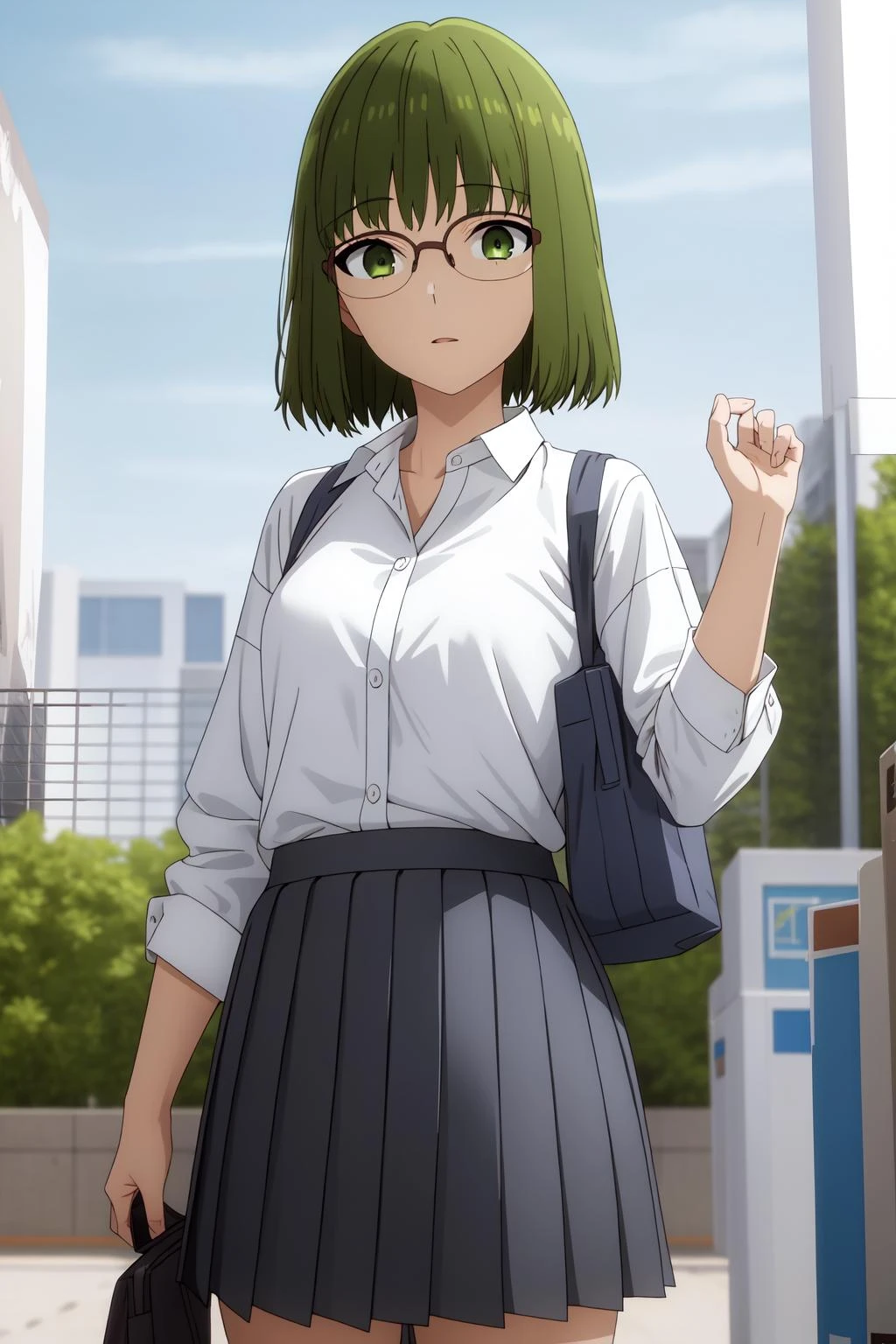 (((masterpiece,best quality))),
outdoors,
white shirt, pleated skirt,
KounoS, glasses, <lora:Kouno_Sakura-10:1>