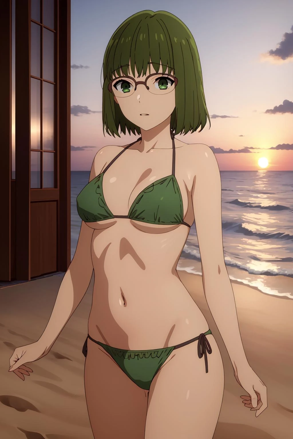 (((masterpiece,best quality))),
outdoors, beach, ocean, sunset,
green bikini,
KounoS, glasses, short hair, <lora:Kouno_Sakura-10:1>