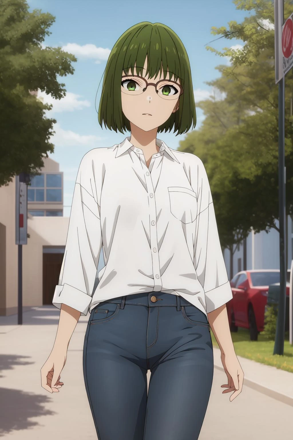 (((masterpiece,best quality))),
outdoors,
black shirt, jeans,
KounoS, glasses, <lora:Kouno_Sakura-10:1>