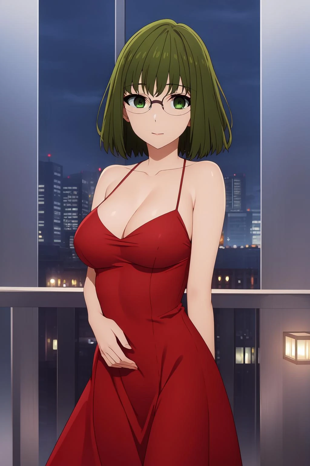 (((masterpiece,best quality))),
outdoors, cityscape, night
red dress, cleavage,
KounoS, glasses, short hair, <lora:Kouno_Sakura-04:1>