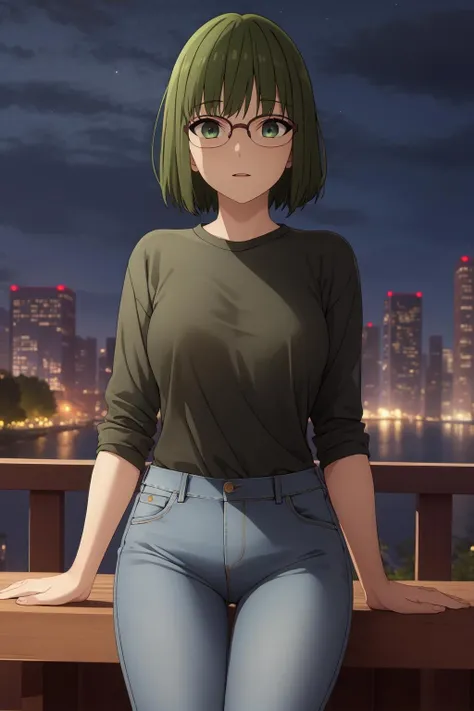 (((masterpiece,best quality))), 
outdoors, night, cityscape, 
black shirt:1.2, jeans,
KounoS, glasses, short hair,  <lora:Kouno_Sakura-10:0.7>