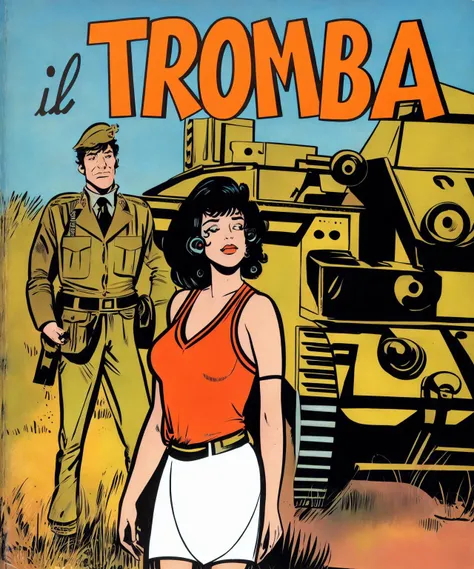 comic book cover with 1(woman), 2military men behind her, [:(highly detail face: 1.3):0.1], (masterpiece:1.1025), (best quality:1.1025), highly detailed, 8k uhd, (amazing fine details:1.05), transparent nylon tank top, transparent nylon mini skirt, slim, skinny, orange glossy lipstick, fard, mascara, eyeliner, shy, nervous, excited, depth of field, ilt style <lora:ilt_v03-000015:1>