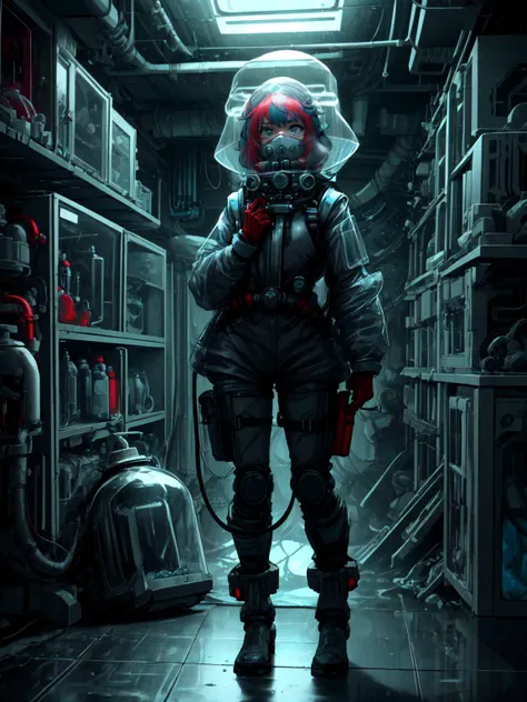 best quality,<lora:add_detail:0.3>, (1girl, solo, adult female, mature female), <lora:detailed_eyes:1>, <lora:concept_goodHands:1>, ruby eyes, 
 <lora:style_pastTech_(plasttech--synthetic--scifi):0.9>, plasttech, synthetic, scifi, 
plasttech hazmat suit, nuclear waste, worried face, (hazmat suit), hazmat helmet, hazmat hood, covered head, glass face covering, [spacesuit], full body