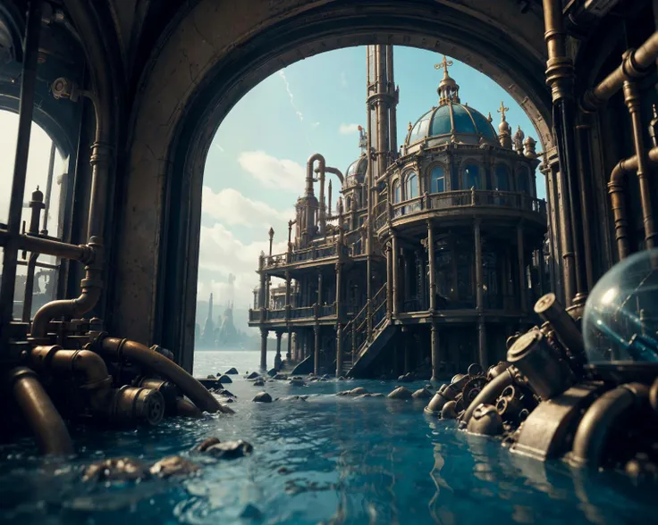 <lora:PlastTech-20:0.5>, plasttech, (extreme close up photo:0.8), indoors, tile floor, victorian era room, window, steampunk, ornate regal decorations, small metal domes, desolate wasteland, rocks, over the water, crystal clear lake, calm blue water, craggy rock cliffs, valves, cogs, metal catwalk, plastic, metal pipes, transparent, scifi, synthetic, highly detailed, intricate, surreal, atmospheric, cinematic , stylized, contrast, comic, whimsical, magical, bokeh, masterpiece, photorealistic, 8k,
