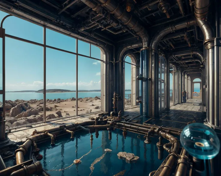 <lora:PlastTech-20:0.5>, plasttech, (extreme close up photo:0.8), indoors, tile floor, victorian era, ornate regal decorations, vintage, window, steampunk, small metal domes, desolate wasteland, rocks, over the water, crystal clear lake, calm blue water, craggy rock cliffs, valves, cogs, metal catwalk, plastic, metal pipes, transparent, scifi, synthetic, highly detailed, intricate, surreal, atmospheric, cinematic , stylized, contrast, comic, whimsical, magical, bokeh, masterpiece, photorealistic, 8k,