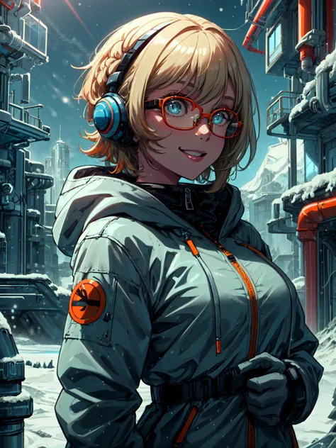 best quality,<lora:add_detail:0.3>, (1girl, solo, adult female, mature female), <lora:detailed_eyes:1>, <lora:concept_goodHands:1>, blonde hair, razor cut haircut, ice blue eyes, 
 <lora:style_pastTech_(plasttech--synthetic--scifi):0.9>, plasttech, synthetic, scifi, 
plasttech arctic base, snow, ice, (plasttech parka, orange parka), smile, happy, glasses, outside, snowing, blue sky, hood, orange onesie,