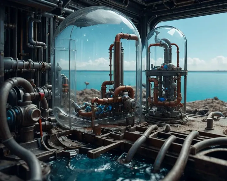<lora:PlastTech-20:0.5>, plasttech, (extreme close up photo:0.8), desolate wasteland, small metal domes, over the water, crystal clear lake, calm blue water, craggy rock cliffs, window, valves, cogs, metal catwalk, plastic, metal pipes, transparent, scifi, synthetic, highly detailed, intricate, surreal, atmospheric, cinematic , stylized, contrast, comic, steampunk, whimsical, magical, bokeh, masterpiece, photorealistic, 8k,