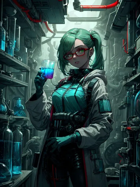 best quality,<lora:add_detail:0.3>, (1girl, solo, adult female, mature female), <lora:detailed_eyes:1>, <lora:concept_goodHands:1>, green hair, half-up half-down hairstyle, jade eyes,
<lora:style_pastTech_(plasttech--synthetic--scifi):0.9>, plasttech, synthetic, scifi,
plasttech lab coat, white room, plasttech laboratory, beakers, microscopes, glasses, waist