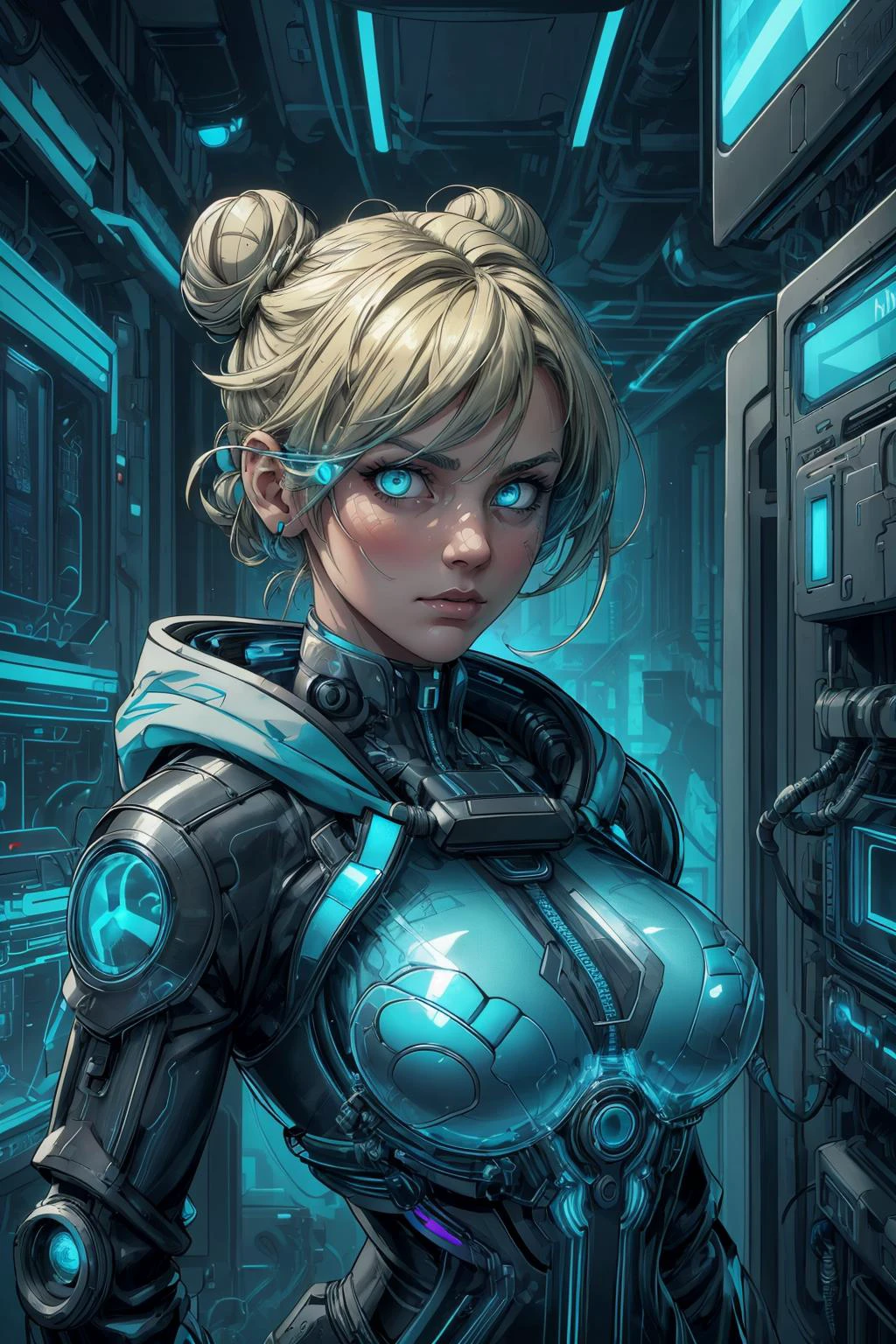 Doodle Art Style, drawing, freeform, swirling patterns, doodle art style, <lora:add_detail:0.5>, <lora:FZB_line_weights:0.4>, <lora:realistic:0.1>, <lora:sharpen-soften:-0.1>,
1 girl, adult (elven:0.7) woman, turquoise eyes, medium blonde bun hair,
looking at viewer, solo, upper body, detailed background, detailed face, (<lora:PastTech:0.6>, synthetic, transparent, plasttech theme:1.1) high-tech futuristic hacker, advanced technology, coat, techwear, wearable device, keycard, cables, head-up display, blue (holographic display:1.05), access denied, barcode, computer, password, hacker van in background, blue lights, stealth, dark sinister atmosphere, shadows,