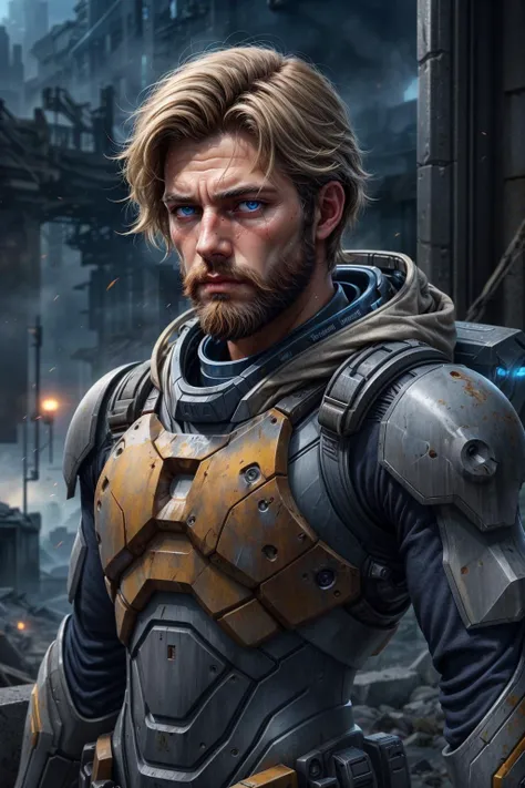 vivid colors, <lora:add_detail:0.75>, <lora:sharpen-soften:-0.2>, <lora:stylesqueeze_v2:0.25>, <lora:realistic:0.25>,
(1man, muscular adult male:1.2), grey-blue eyes, yellow hair, long beard,
portrait, solo, half shot, looking down, detailed background, detailed face, (<lora:PastTech:0.6>, synthetic, transparent, plasttech theme:1.1), future trooper, mercenary, wearing nano-suit, cables, dirt, head-up display, bionic eye, battle-stance, plastic parts, ruined city in background, wind blowing, floating particles, particle effects, cinematic atmosphere,