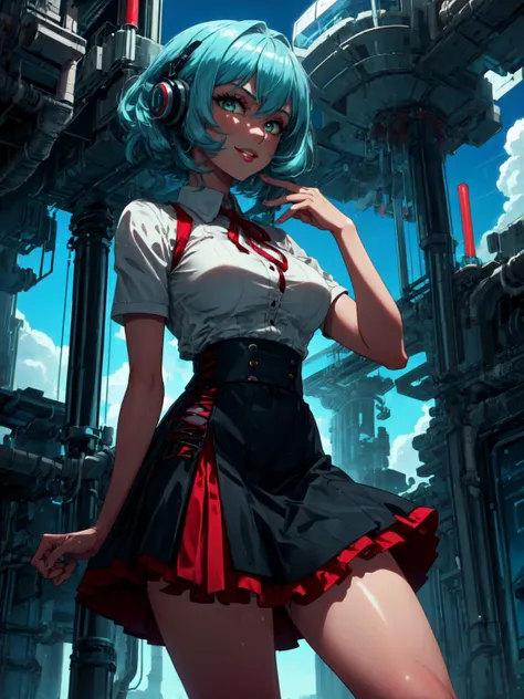 best quality,<lora:add_detail:0.3>, (1girl, solo, adult female, mature female), <lora:detailed_eyes:1>, <lora:concept_goodHands:1>, aqua hair, perm haircut,
 <lora:style_pastTech_(plasttech--synthetic--scifi):0.9>, plasttech, synthetic, scifi, plasttech trees, synthetic trees, blue sky, 
[muscular, biceps], leg muscles, thigh muslces,
<lora:concept_costume_virginKillerOutfit_v10_(virgin killer outfit):0.8>, virgin killer outfit, plasttech high-waist skirt, smile, parted lips, white shirt, billowing skirt,