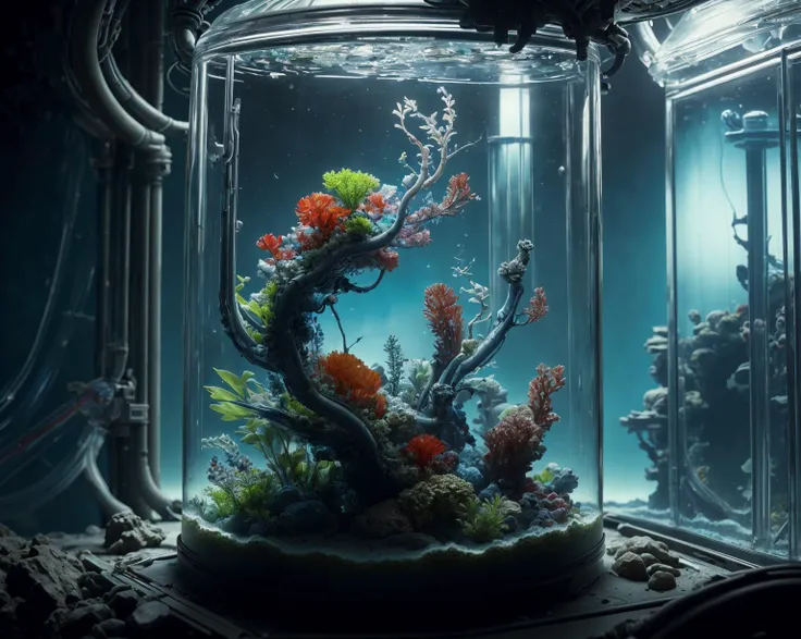 <lora:PlastTech-20:0.6>, plasttech, (extreme close up photo:0.8), plastic, aquarium, scenic view, transparent, flourishing flora, blooming nature, abundant plant life, scifi, synthetic, highly detailed, intricate, surreal, atmospheric, cinematic , stylized, contrast, comic, whimsical, magical, futuristic, bokeh, masterpiece, photorealistic, 8k,