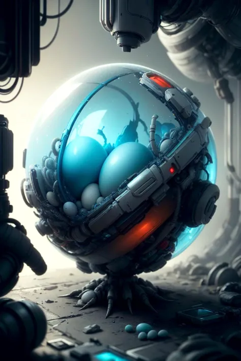<lora:PastTech-20:0.8>,plasttech,synthetic, scifi, Rhea Egg, cluttered environment, ultra detailed, Hyperrealistic, sharp focus, octane render
