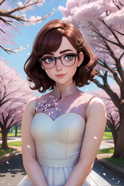 <lora:sakuratreedress-freckledvixon:0.7>, S4kur4, cherry blossoms dress,sleeveless, <lora:bzl:0.8>, bzl_test, short wavy brown hair, (grey|blue) eyes, glasses, (freckles:0.4), closed smile || skin, hair, clothing, masterpiece, 8k, high resolution, shallow depth of field, sharp focus