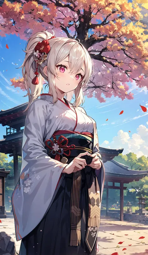 (super delicate), (illustration), (extremely delicate and beautiful),faux traditional media,perfect body,cowboy shot,(perspective),Kyoto Style,(sketch),(close-up),(a beautiful detailed girl in Washitsu:1.47),Washitsu,(solo:1.4),(HDbackground,Japanese courtyard:1.25),(Creek:0.55),wooden bridge,(cinematic lighting,beautiful detailed glow:1.0),(beautiful detailed pink eyes),ponytail,shiny platinum blonde hair,messy floating hair,((black capelet)),red kimono,hair flower,hair ornament,hair over shoulder,japanese clothes,lace-trimmed kimono,pom pom hair ornament,tassel,wavy hair,glint,blue sky,(autumn:1.1),outdoors,(glowing particles:0.85),Maples in the distance,an epic scene,(Stone lantern,Bonsai:1.0),(White sand:0.85),(Rockery:0.8),(Japanese architecture:1.1),(contour deepening:1.1),(fluttered fallen leaves),(dappled sunlight on her:1.25),(Tyndall effect:1.1),(Cloud Retained background:1.1),(depth of field),highlight