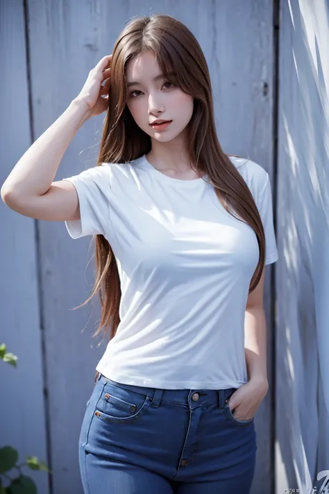 1girl,  upper body, flow, T-shirt, upper body, lovely girl, jeans, Best quality, masterpiece, <lora:TamiFruit-01:1>