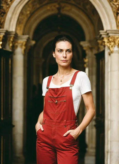 A stunning intricate full color portrait of (sks woman:1) in Vienna, at the Schoenbrunn Palace, wearing Overalls, epic character composition, sharp focus, natural lighting, subsurface scattering, f2, 35mm, film grain, , by Michael Kenna, <lora:locon_michelleforbes_v1_from_v1_64_32:1>